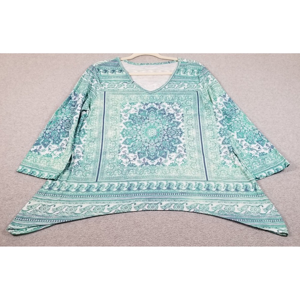 Kim Rogers Tunic Top Women L Large Green Blue Mandala Print See Through Stretch